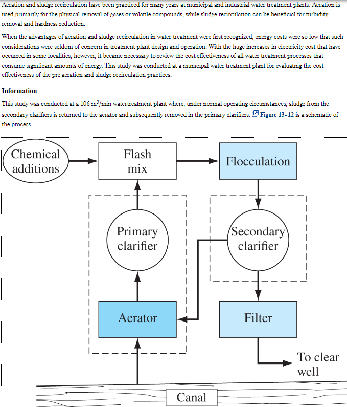 Aeration and sludge recirculation have been practiced for many years at municipal and industrial water treatment plants. Aeration is
used primarily for the physical removal of gases or volatile compounds, while sludge recirculation can be beneficial for turbidity
removal and hardness reduction.
When the advantages of aeration and sludge recirculation in water treatment were first recognized, energy costs were so low that such
considerations were seldom of concern in treatment plant design and operation. With the huge increases in electricity cost that have
occurred in some localities, however, it became necessary to review the cost-effectiveness of all water treatment processes that
consume significant amounts of energy. This study was conducted at a municipal water treatment plant for evaluating the cost-
effectiveness of the pre-aeration and sludge recirculation practices.
Information
This study was conducted at a 106 m³/min watertreatment plant where, under normal operating circumstances, sludge from the
secondary clarifiers is returned to the aerator and subsequently removed in the primary clarifiers. Figure 13-12 is a schematic of
the process.
Chemical
additions
Flash
mix
Flocculation
Primary
clarifier
Secondary
clarifier
Aerator
Filter
Canal
To clear
well