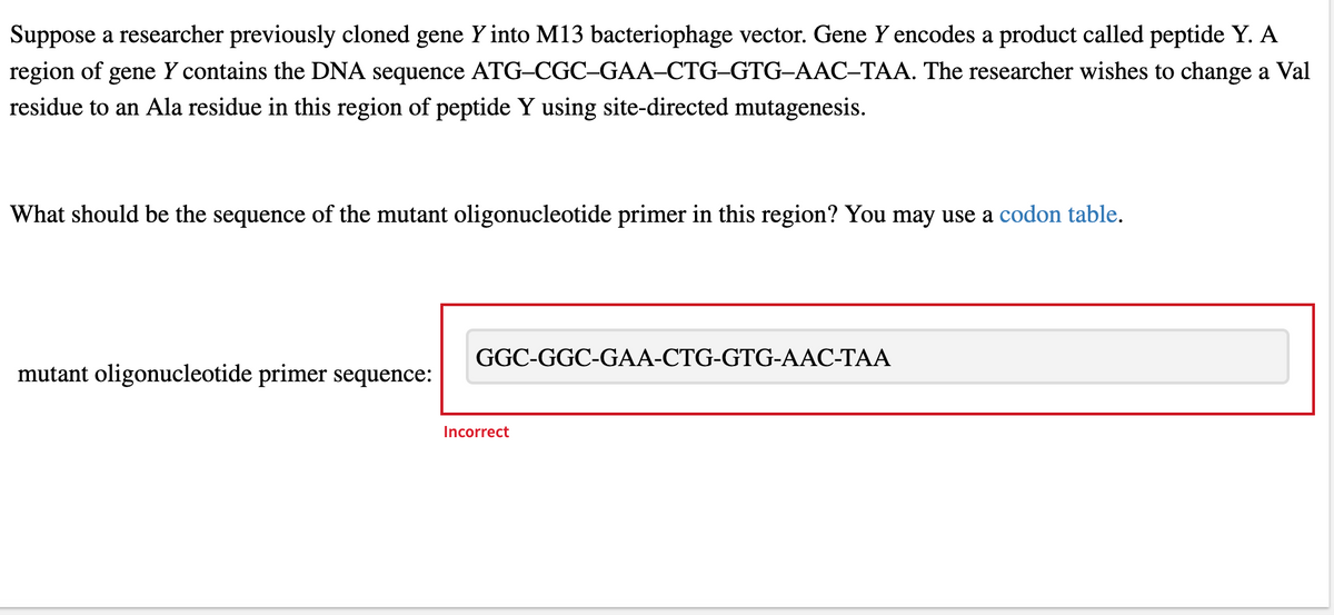 Suppose a researcher previously cloned gene Y into M13 bacteriophage vector. Gene Y encodes a product called peptide Y. A
region of gene Y contains the DNA sequence ATG-CGC-GAA-CTG-GTG-AAC-TAA. The researcher wishes to change a Val
residue to an Ala residue in this region of peptide Y using site-directed mutagenesis.
What should be the sequence of the mutant oligonucleotide primer in this region? You may use a codon table.
mutant oligonucleotide primer sequence:
GGC-GGC-GAA-CTG-GTG-AAC-TAA
Incorrect