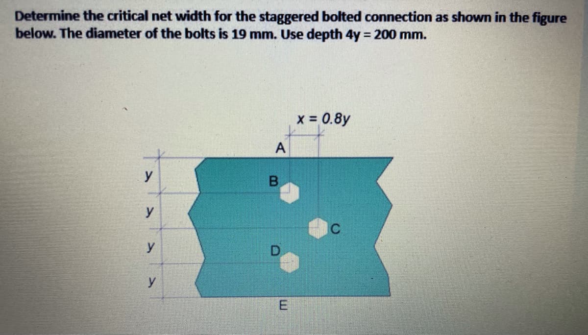 Determine the critical net width for the staggered bolted connection as shown in the figure
below. The diameter of the bolts is 19 mm. Use depth 4y = 200 mm.
%3D
x = 0.8y
A
y
y
E.
