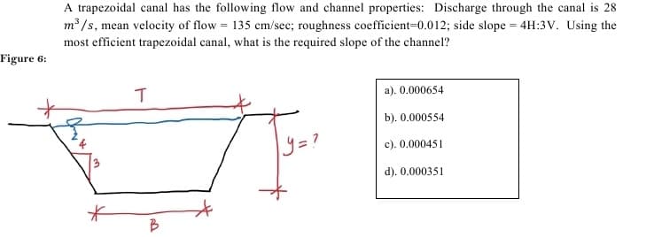 A trapezoidal canal has the following flow and channel properties: Discharge through the canal is 28
m /s, mean velocity of flow = 135 cm/sec; roughness coefficient=0.012; side slope = 4H:3V. Using the
most efficient trapezoidal canal, what is the required slope of the channel?
Figure 6:
a). 0.000654
b). 0.000554
9=?
c). 0.000451
d). 0.000351
