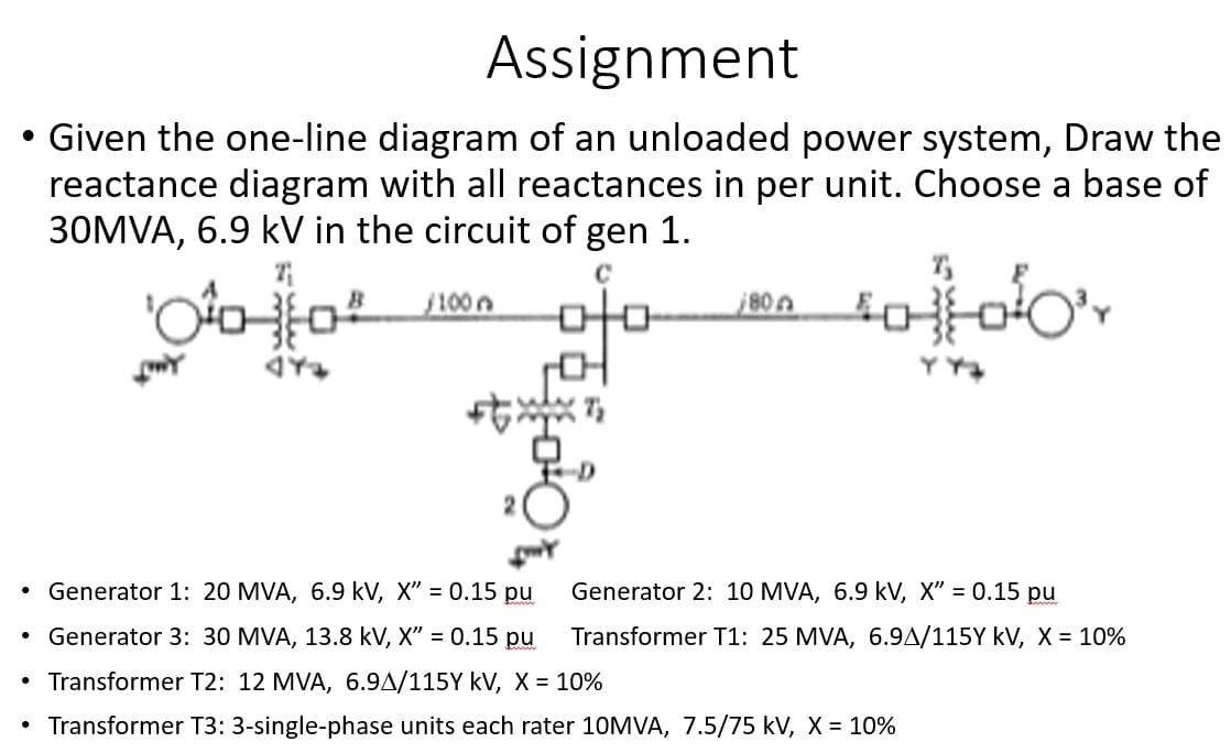 Assignment
• Given the one-line diagram of an unloaded power system, Draw the
reactance diagram with all reactances in per unit. Choose a base of
30MVA, 6.9 kV in the circuit of gen 1.
100-10
MY
442
100
800
000
•
•
•
•
Generator 1: 20 MVA, 6.9 kV, X" = 0.15 pu
Generator 3: 30 MVA, 13.8 kV, X" = 0.15 pu
Generator 2: 10 MVA, 6.9 kV, X" = 0.15 pu
Transformer T1: 25 MVA, 6.9A/115Y KV, X = 10%
Transformer T2: 12 MVA, 6.9A/115Y kV, X = 10%
Transformer T3: 3-single-phase units each rater 10MVA, 7.5/75 kV, X = 10%