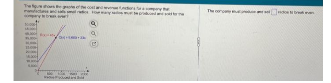 The figure shows the graphs of the cost and revenue functions for a company that
manufactures and sells small radios. How many radios must be produced and sold for the
company to break even?
The company must produce and sell radios to break even.
50.000
45,000
40,000 Ro45 C.600 33x
35.000
30,000
25.000-
20,000
15.000
10.000
5.000
500 1000 1500 2000
Radios Produced and Sold
