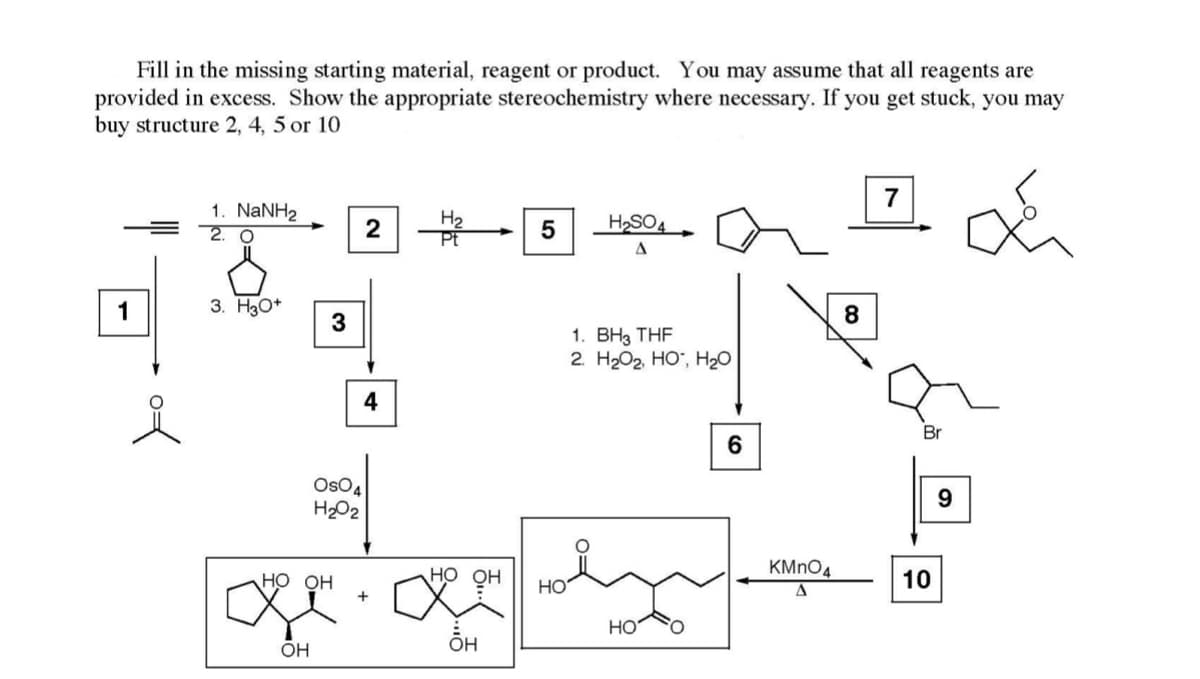 Fill in the missing starting material, reagent or product. You may assume that all reagents are
provided in excess. Show the appropriate stereochemistry where necessary. If you get stuck, you may
buy structure 2, 4, 5 or 10
L
1
맛
1. NaNH2
2. O
3. H3O+
3
OH
HO OH
OsO4
H2O2
2
4
+
H2
Pt
HO OH
OH
5
HO'
H2SO4
스
1. BH3 THF
2. H2O2, HO-, H2O
HO'
6
KMnO4
A
8
7
Br
10
9