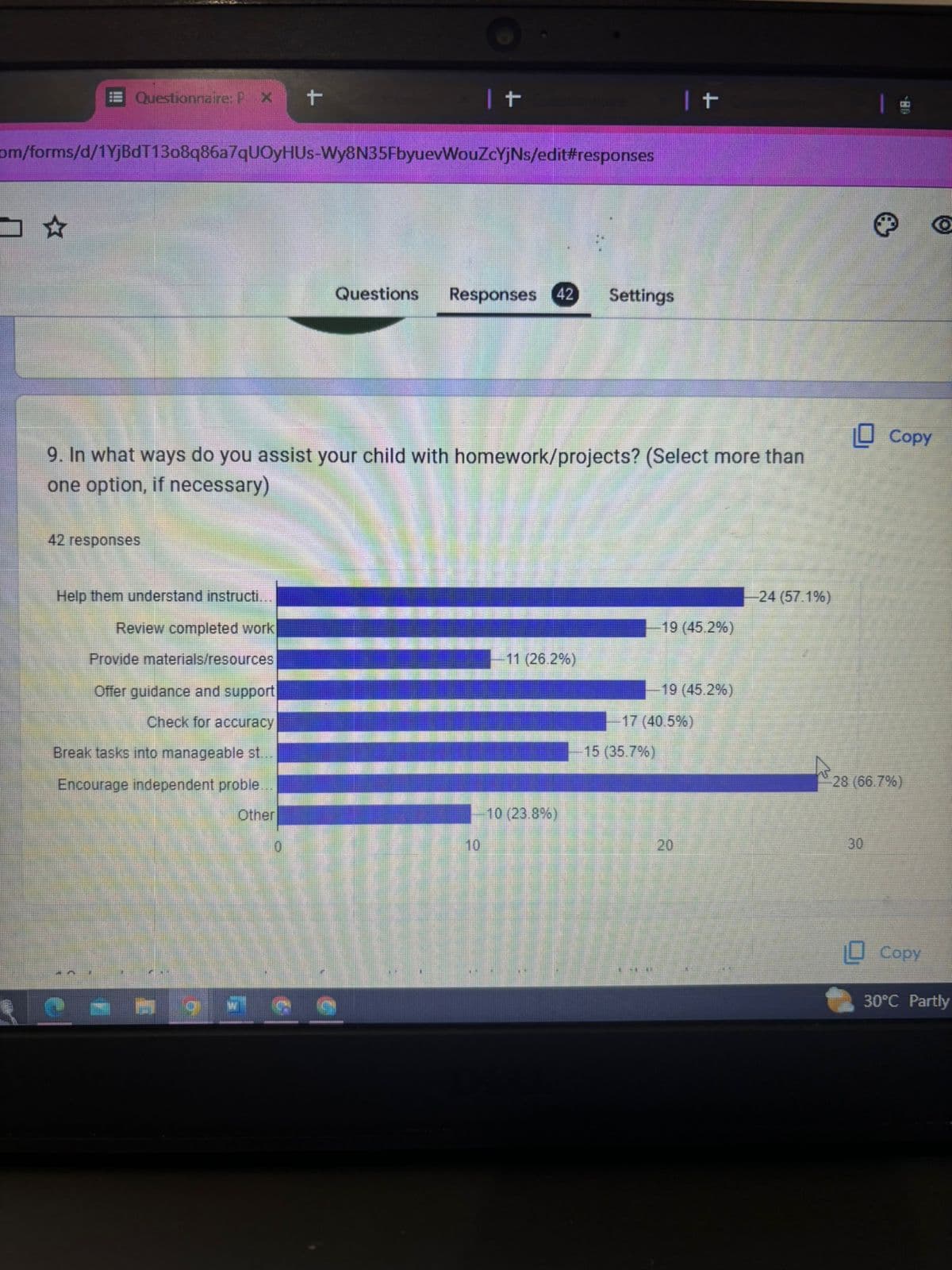 Questionnaire: P X +
|+
|十
om/forms/d/1YjBdT1308q86a7qUOyHUS-Wy8N35FbyuevWouZcYjNs/edit#responses
□☆
Questions Responses 42 Settings
9. In what ways do you assist your child with homework/projects? (Select more than
one option, if necessary)
42 responses
Help them understand instructi..
Review completed work
Provide materials/resources
Offer guidance and support
Check for accuracy
Break tasks into manageable st.
Encourage independent proble...
Other
0
10
-24 (57.1%)
-19 (45.2%)
-11 (26.2%)
10 (23.8%)
-19 (45.2%)
-17 (40.5%)
-15 (35.7%)
Copy
-28 (66.7%)
20
30
O Copy
30°C Partly