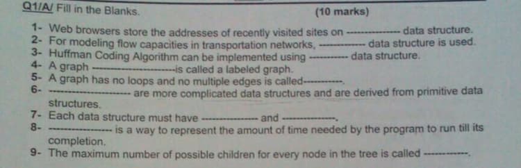 Q1/A/ Fill in the Blanks.
(10 marks)
1- Web browsers store the addresses of recently visited sites on ----- -
2- For modeling flow capacities in transportation networks,
3- Huffman Coding Algorithm can be implemented using
4- A graph
5- A graph has no loops and no multiple edges is called----.
6-
data structure.
data structure is used.
------ data structure.
--is called a labeled graph.
- are more complicated data structures and are derived from primitive data
structures.
7- Each data structure must have - - and
8-
is a way to represent the amount of time needed by the program to run till its
completion.
9- The maximum number of possible children for every node in the tree is called
