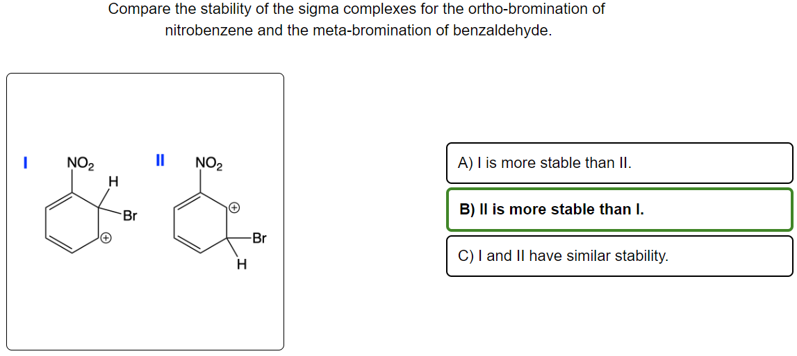 I
Compare the stability of the sigma complexes for the ortho-bromination of
nitrobenzene and the meta-bromination of benzaldehyde.
NO₂
11
NO₂
H
& &
Br
H
Br
A) I is more stable than II.
B) II is more stable than I.
C) I and II have similar stability.