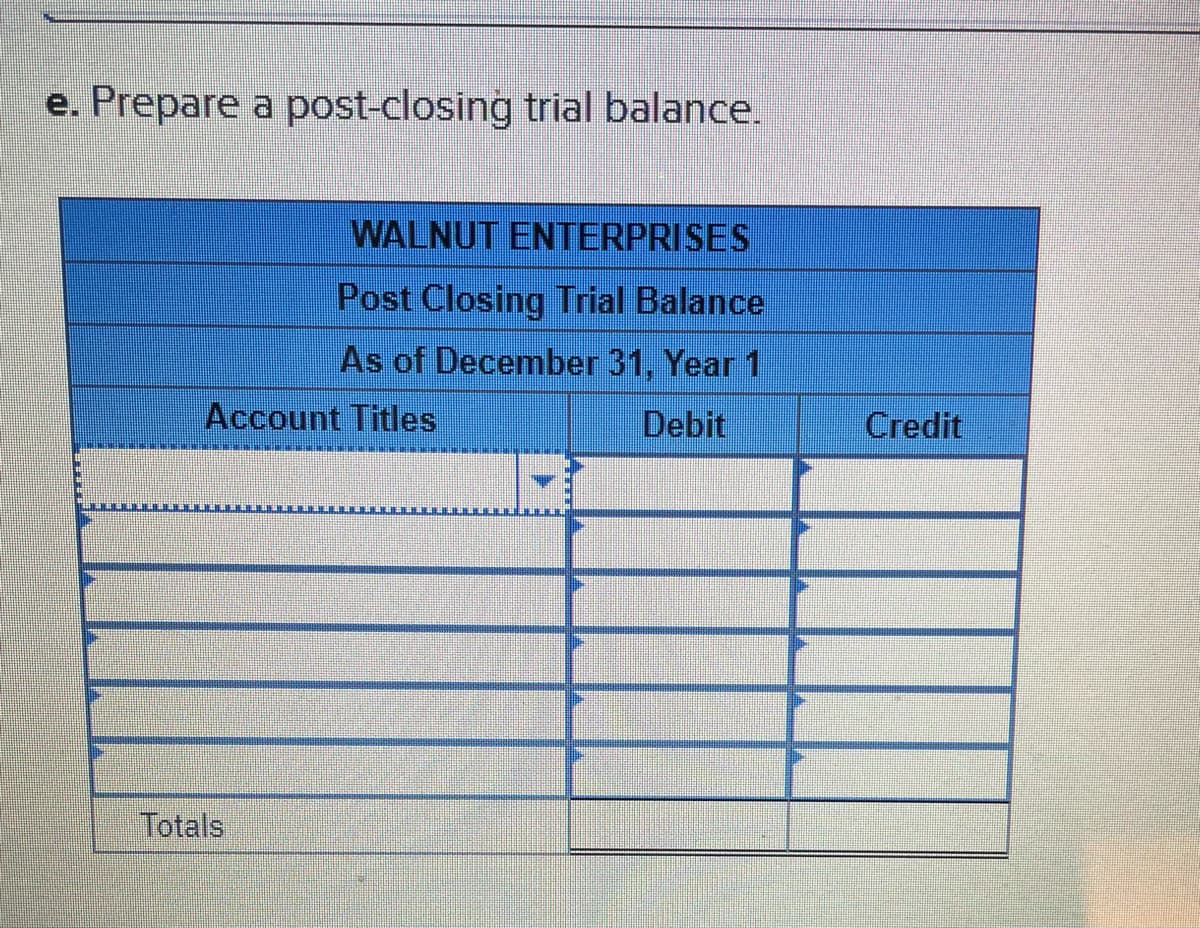 e. Prepare a post-closing trial balance.
WALNUT ENTERPRISES
Post Closing Trial Balance
As of December 31, Year 1
Account Titles
Debit
Totals
Credit