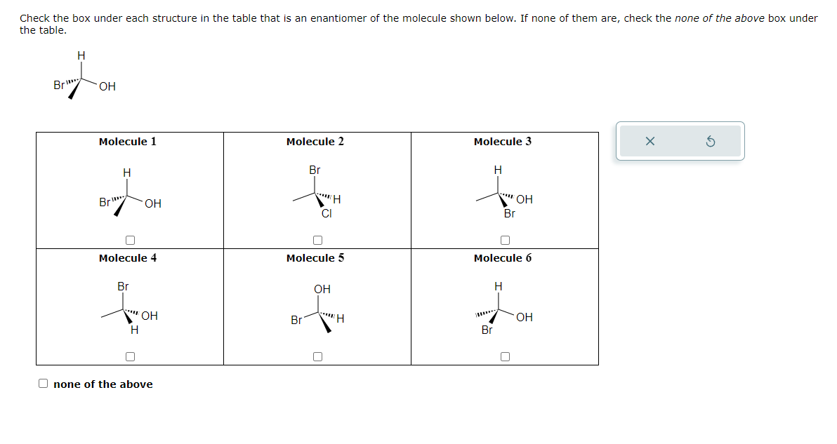 Check the box under each structure in the table that is an enantiomer of the molecule shown below. If none of them are, check the none of the above box under
the table.
атон
Molecule 1
Br
Н
ОН
Molecule 4
Br
"OH
н
Onone of the above
Molecule 2
Br
Br
CI
Molecule 5
Н
OH
"Н
Molecule 3
Н
Br
****
Н
Br
П
Molecule 6
ОН
OH
X
5