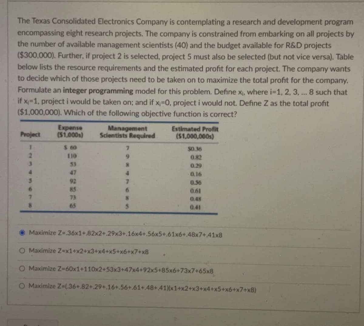 The Texas Consolidated Electronics Company is contemplating a research and development program
encompassing eight research projects. The company is constrained from embarking on all projects by
the number of available management scientists (40) and the budget available for R&D projects
($300,000). Further, if project 2 is selected, project 5 must also be selected (but not vice versa). Table
below lists the resource requirements and the estimated profit for each project. The company wants
to decide which of those projects need to be taken on to maximize the total profit for the company.
Formulate an integer programming model for this problem. Define x₁, where i=1, 2, 3, 8 such that
if x=1, project i would be taken on; and if x=0, project i would not. Define Z as the total profit
($1,000,000). Which of the following objective function is correct?
***
Expense
($1,000s)
Management
Scientists Required
Estimated Profit
($1,000,000s)
Project
I
$ 60
7
$0.36
2
110
9
0.82
3
53
8
0.29
4
47
4
0.16
3
92
7
0.56
6
85-
6
0.61
7
73
0.48
8
65
5
0.41
Maximize Z-.36x1+.82x2+.29x3+.16x4+.56x5+.61x6+.48x7+.41x8
O Maximize Z=x1+x2+x3+x4+x5+x6+x7+x8
O Maximize Z-60x1+110x2+53x3+47x4+92x5+85x6+73x7+65x8
O Maximize Z=(.36+.82+.29+.16+.56+.61+.48+.41)(x1+x2+x3+x4+x5+x6+x7+x8)