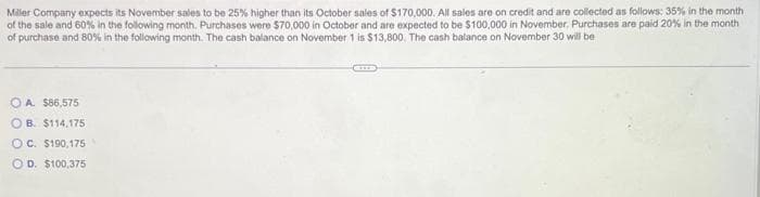 Miller Company expects its November sales to be 25% higher than its October sales of $170,000. All sales are on credit and are collected as follows: 35% in the month
of the sale and 60% in the following month. Purchases were $70,000 in October and are expected to be $100,000 in November, Purchases are paid 20% in the month
of purchase and 80% in the following month. The cash balance on November 1 is $13,800. The cash balance on November 30 will be
OA. $86,575
OB. $114,175
OC. $190,175
OD. $100,375