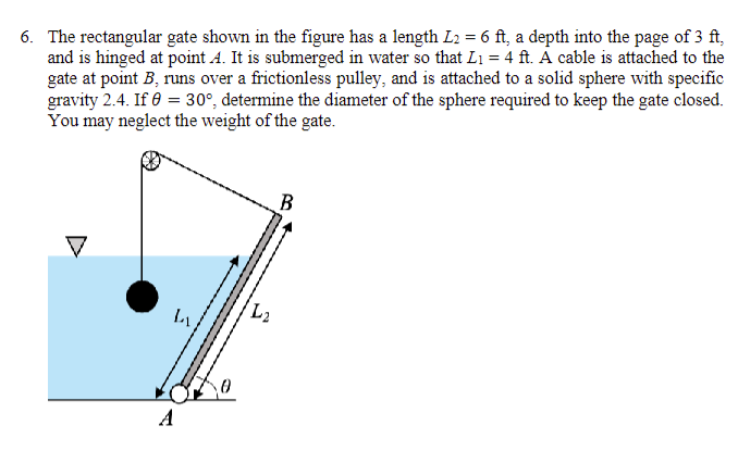 6. The rectangular gate shown in the figure has a length L2 = 6 ft, a depth into the page of 3 ft,
and is hinged at point A. It is submerged in water so that L₁ = 4 ft. A cable is attached to the
gate at point B, runs over a frictionless pulley, and is attached to a solid sphere with specific
gravity 2.4. If 0 = 30°, determine the diameter of the sphere required to keep the gate closed.
You may neglect the weight of the gate.
A
4₁
B