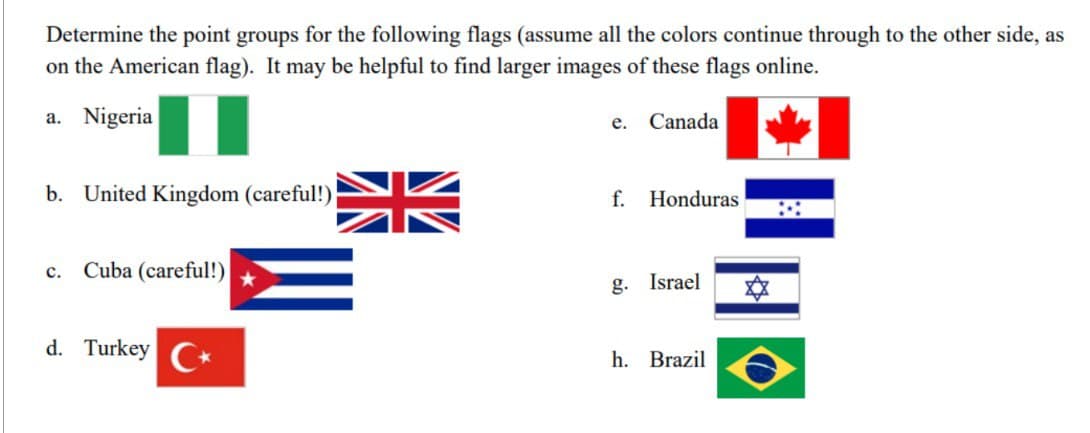 Determine the point groups for the following flags (assume all the colors continue through to the other side, as
on the American flag). It may be helpful to find larger images of these flags online.
a. Nigeria
III
b. United Kingdom (careful!)
C.
Cuba (careful!)
d. Turkey C
e. Canada
f. Honduras
g. Israel
h. Brazil
