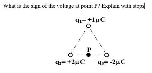 What is the sign of the voltage at point P? Explain with steps
91= +1µC
q2= +2µC
q3= -2µC
