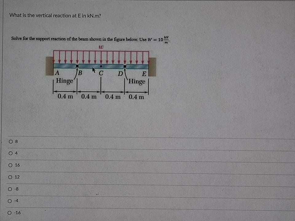 What is the vertical reaction at E in kN.m?
Solve for the support reaction of the beam shown in the figure below. Use W = 10.
RN
%3!
771
Hinge
D
Hinge
0.4 m
0.4 m
0.4 m
0.4 m
O 8
O 4
O 16
O 12
O -8
O 4
O -16
