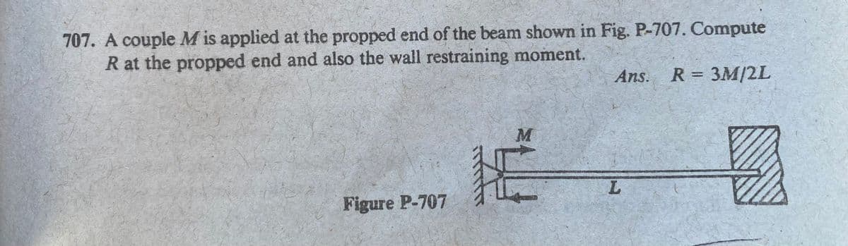707. A couple M is applied at the propped end of the beam shown in Fig. P-707. Compute
R at the propped end and also the wall restraining moment.
Ans. R 3M/2L
L.
Figure P-707
