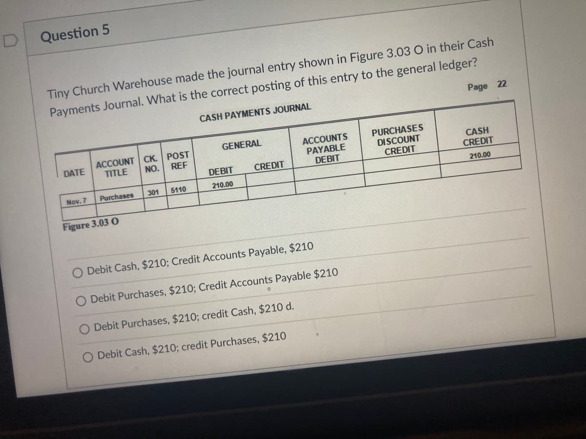 Question 5
Tiny Church VWarehouse made the journal entry shown in Figure 3.03 O in their Cash
Payments Journal. What is the correct posting of this entry to the general ledger?
CASH PAYMENTS JOURNAL
Page 22
GENERAL
ACCOUNT CK. POST
NO.
ACCOUNTS
PAYABLE
DEBIT
PURCHASES
DISCOUNT
CREDIT
DATE
TITLE
REF
CASH
CREDIT
DEBIT
CREDIT
Nov. 7
Purchases
301
5110
210.00
210.00
Figure 3.03 O
O Debit Cash, $210; Credit Accounts Payable, $210
O Debit Purchases, $210; Credit Accounts Payable $210
Debit Purchases, $210; credit Cash, $210 d.
Debit Cash, $210; credit Purchases, $210
