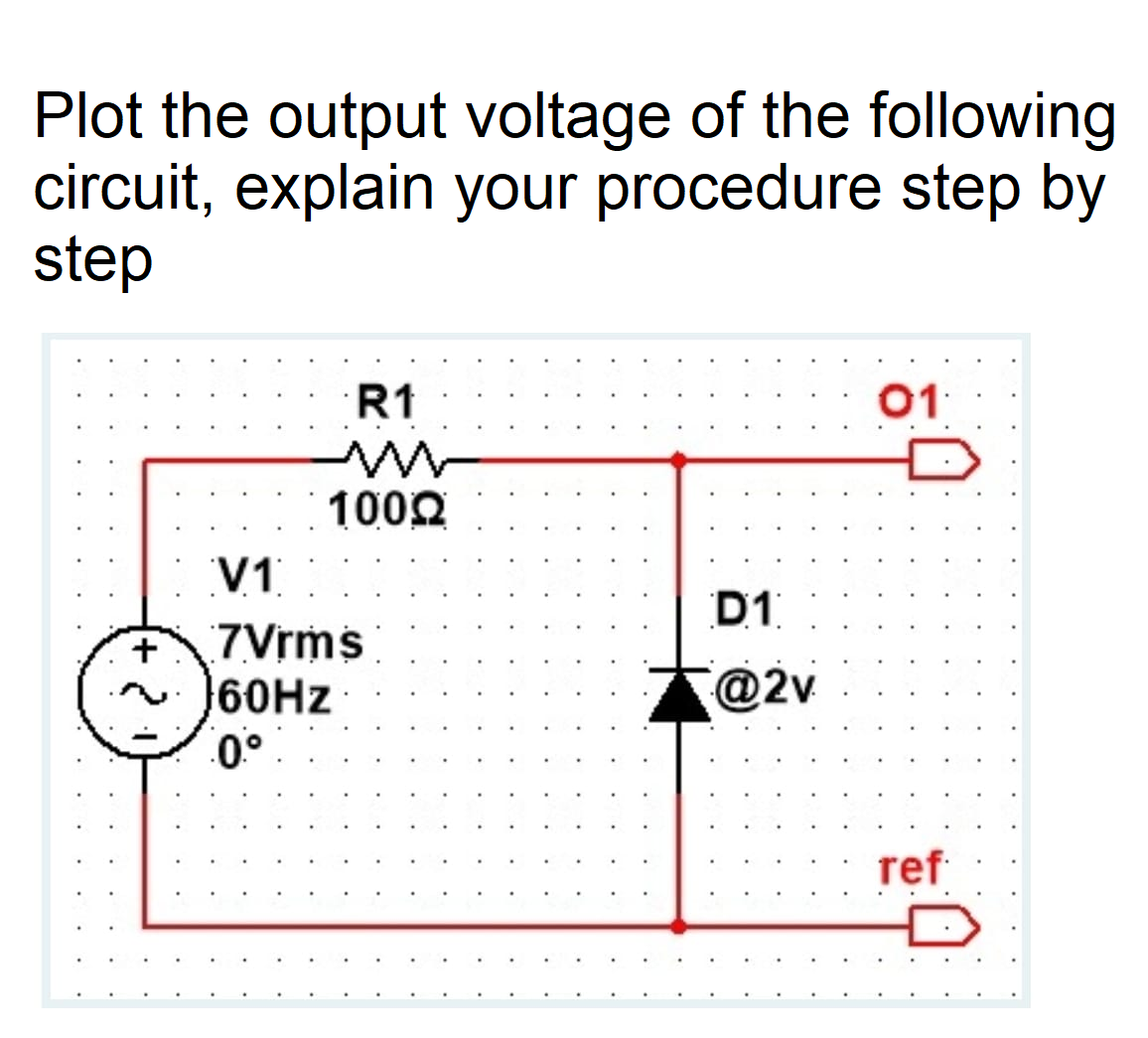 Plot the output voltage of the following
circuit, explain your procedure step by
step
R1
01
1002
V1
D1
7Vrms
|60HZ
A@2v
ref
