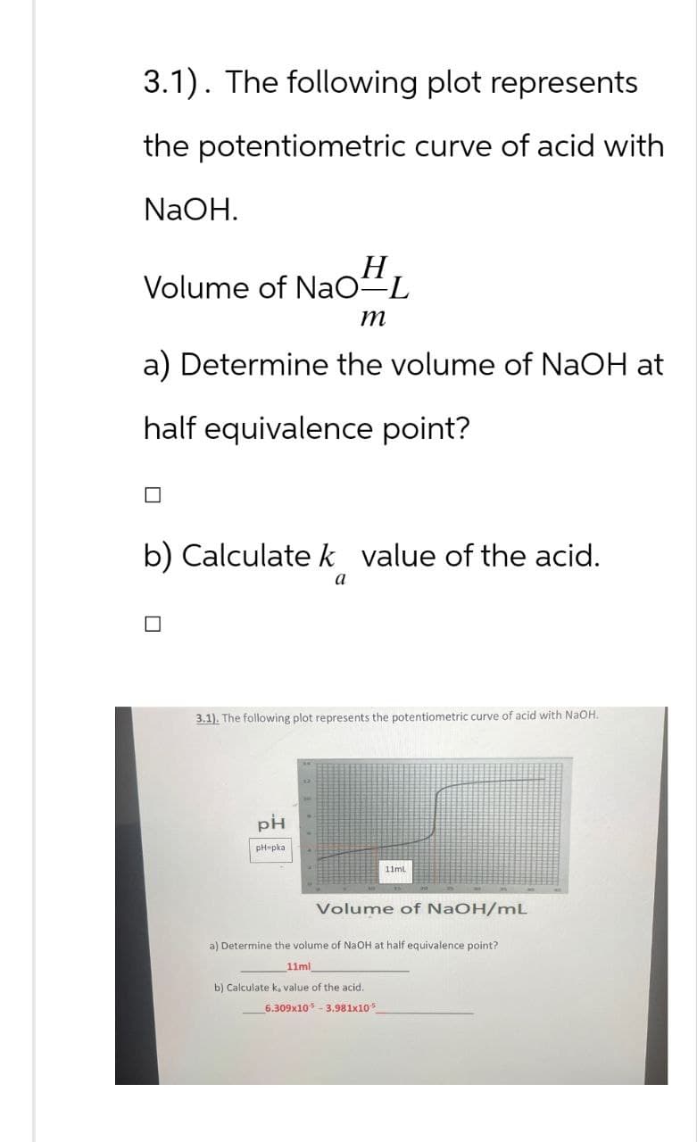 3.1). The following plot represents
the potentiometric curve of acid with
NaOH.
Volume of NaOHL
m
a) Determine the volume of NaOH at
half equivalence point?
b) Calculate k value of the acid.
a
3.1). The following plot represents the potentiometric curve of acid with NaOH.
рн
pH-pka
11mL
Volume of NaOH/mL
a) Determine the volume of NaOH at half equivalence point?
11ml
b) Calculate k, value of the acid.
6.309x10 3.981x105