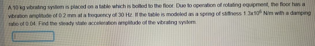 A 10 kg vibrating system is placed on a table which is bolted to the floor. Due to operation of rotating equipment, the floor has a
vibration amplitude of 0.2 mm at a frequency of 30 Hz. If the table is modeled as a spring of stiffness 1.3x106 N/m with a damping
ratio of 0.04. Find the steady state acceleration amplitude of the vibrating system.
