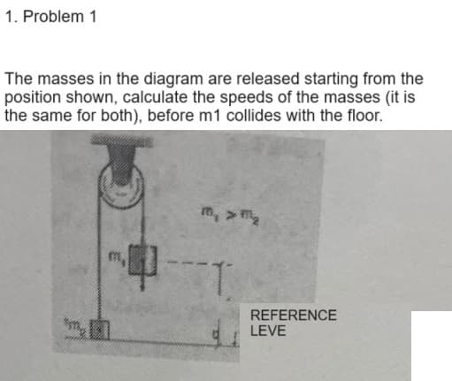 1. Problem 1
The masses in the diagram are released starting from the
position shown, calculate the speeds of the masses (it is
the same for both), before m1 collides with the floor.
*
m, > m₂
T
REFERENCE
LEVE