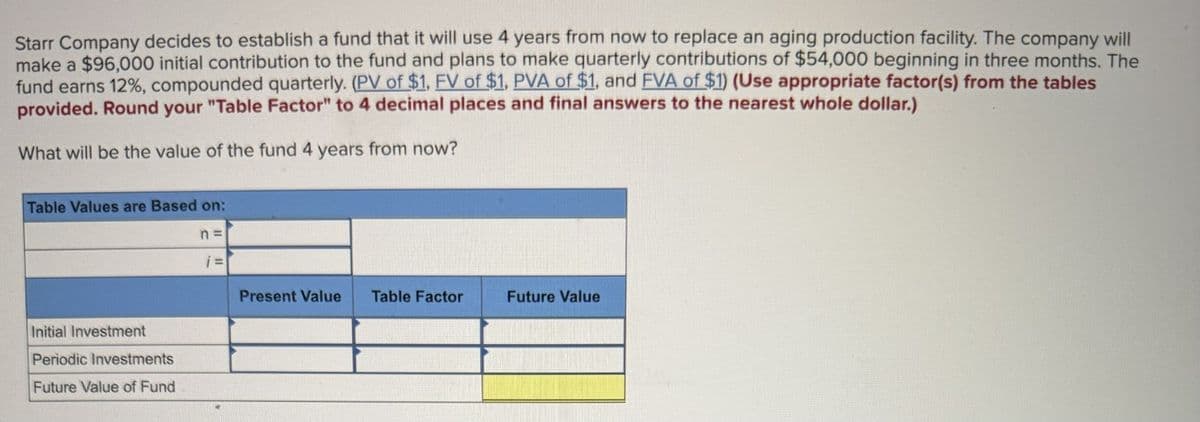 Starr Company decides to establish a fund that it will use 4 years from now to replace an aging production facility. The company will
make a $96,000 initial contribution to the fund and plans to make quarterly contributions of $54,000 beginning in three months. The
fund earns 12%, compounded quarterly. (PV of $1. FV of $1. PVA of $1, and FVA of $1) (Use appropriate factor(s) from the tables
provided. Round your "Table Factor" to 4 decimal places and final answers to the nearest whole dollar.)
What will be the value of the fund 4 years from now?
Table Values are Based on:
Initial Investment
Periodic Investments
Future Value of Fund
n =
i=
Present Value Table Factor
Future Value