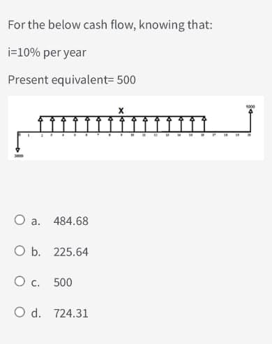 For the below cash flow, knowing that:
i=10% per year
Present equivalent=500
3000
O a. 484.68
O b. 225.64
○ c.
500
O d. 724.31
и
1000