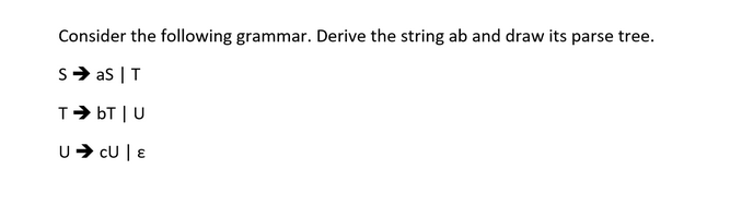 Consider the following grammar. Derive the string ab and draw its parse tree.
S➜ as | T
T➜ bT | U
U➜ CU | E