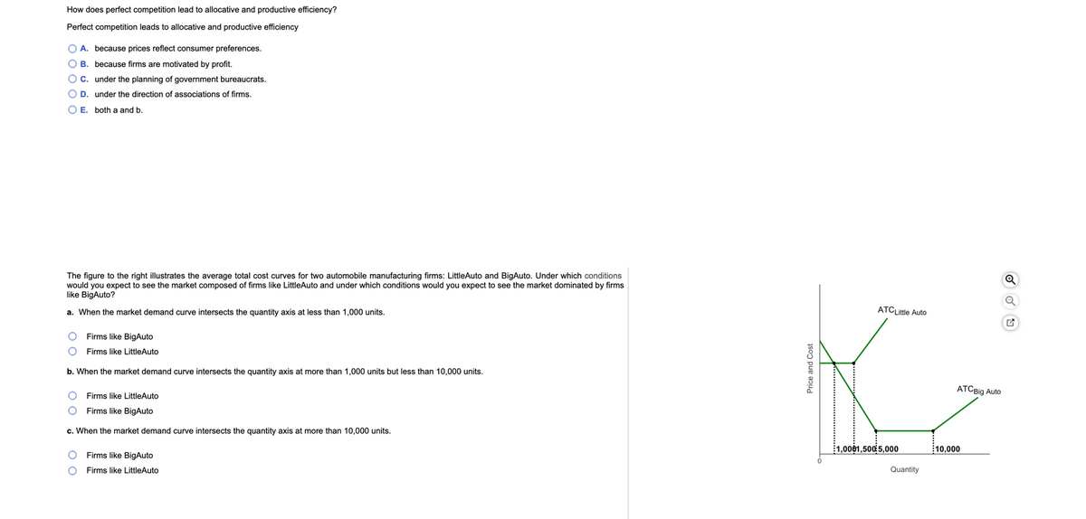 How does perfect competition lead to allocative and productive efficiency?
Perfect competition leads to allocative and productive efficiency
O A. because prices reflect consumer preferences.
O B. because firms are motivated by profit.
O C. under the planning of government bureaucrats.
O D. under the direction of associations of firms.
O E. both a and b.
The figure to the right illustrates the average total cost curves for two automobile manufacturing firms: LittleAuto and BigAuto. Under which conditions
would you expect to see the market composed of firms like LittleAuto and under which conditions would you expect to see the market dominated by firms
like BigAuto?
a. When the market demand curve intersects the quantity axis at less than 1,000 units.
ATCLittle Auto
Firms like BigAuto
Firms like LittleAuto
b. When the market demand curve intersects the quantity axis at more than 1,000 units but less than 10,000 units.
ATCBIG Auto
Firms like LittleAuto
Firms like BigAuto
c. When the market demand curve intersects the quantity axis at more than 10,000 units.
1,0001,5005,000
10,000
Firms like BigAuto
Firms like LittleAuto
Quantity
Price and Cost
