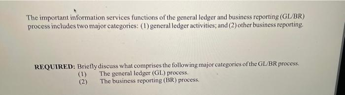 The important information services functions of the general ledger and business reporting (GL/BR)
process includes two major categories: (1) general ledger activities; and (2) other business reporting.
REQUIRED: Briefly discuss what comprises the following major categories of the GL/BR process.
(1) The general ledger (GL) process.
(2)
The business reporting (BR) process.