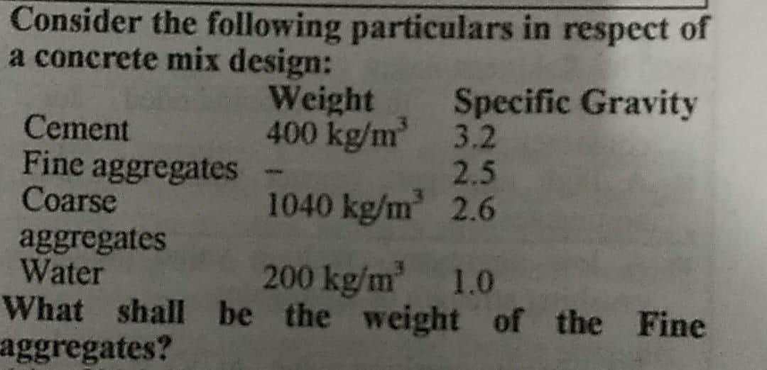 Consider the following particulars in respect of
a concrete mix design:
Specific Gravity
Weight
400 kg/m³
Cement
3.2
2.5
Fine aggregates
Coarse
1040 kg/m³ 2.6
aggregates
Water
200 kg/m³ 1.0
What shall be the weight of the Fine
aggregates?