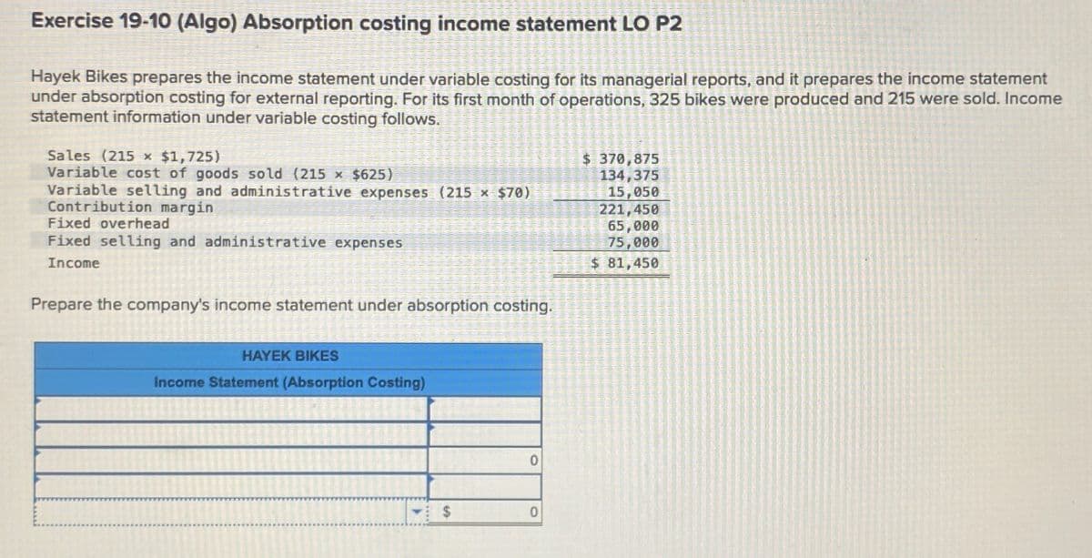Exercise 19-10 (Algo) Absorption costing income statement LO P2
Hayek Bikes prepares the income statement under variable costing for its managerial reports, and it prepares the income statement
under absorption costing for external reporting. For its first month of operations, 325 bikes were produced and 215 were sold. Income
statement information under variable costing follows.
Sales (215 x $1,725)
Variable cost of goods sold (215 x $625)
Variable selling and administrative expenses (215 x $70)
Contribution margin
Fixed overhead
Fixed selling and administrative expenses
Income
$ 370,875
134,375
15,050
221,450
65,000
75,000
$ 81,450
Prepare the company's income statement under absorption costing.
HAYEK BIKES
Income Statement (Absorption Costing)
0
$
0