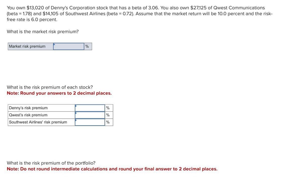 You own $13,020 of Denny's Corporation stock that has a beta of 3.06. You also own $27,125 of Qwest Communications
(beta = 1.78) and $14,105 of Southwest Airlines (beta = 0.72). Assume that the market return will be 10.0 percent and the risk-
free rate is 6.0 percent.
What is the market risk premium?
Market risk premium
%
What is the risk premium of each stock?
Note: Round your answers to 2 decimal places.
Denny's risk premium
%
Qwest's risk premium
Southwest Airlines' risk premium
%
%
What is the risk premium of the portfolio?
Note: Do not round intermediate calculations and round your final answer to 2 decimal places.