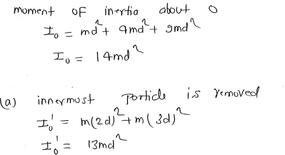 moment
(a)
Io
OF
inertia
about
ma²+ amd²+ gmd?
=
Io = 14md?
I =
士
0
innermost
Porticle
2
I' = m(2d) ² + m (3d) ²
13md
is removed