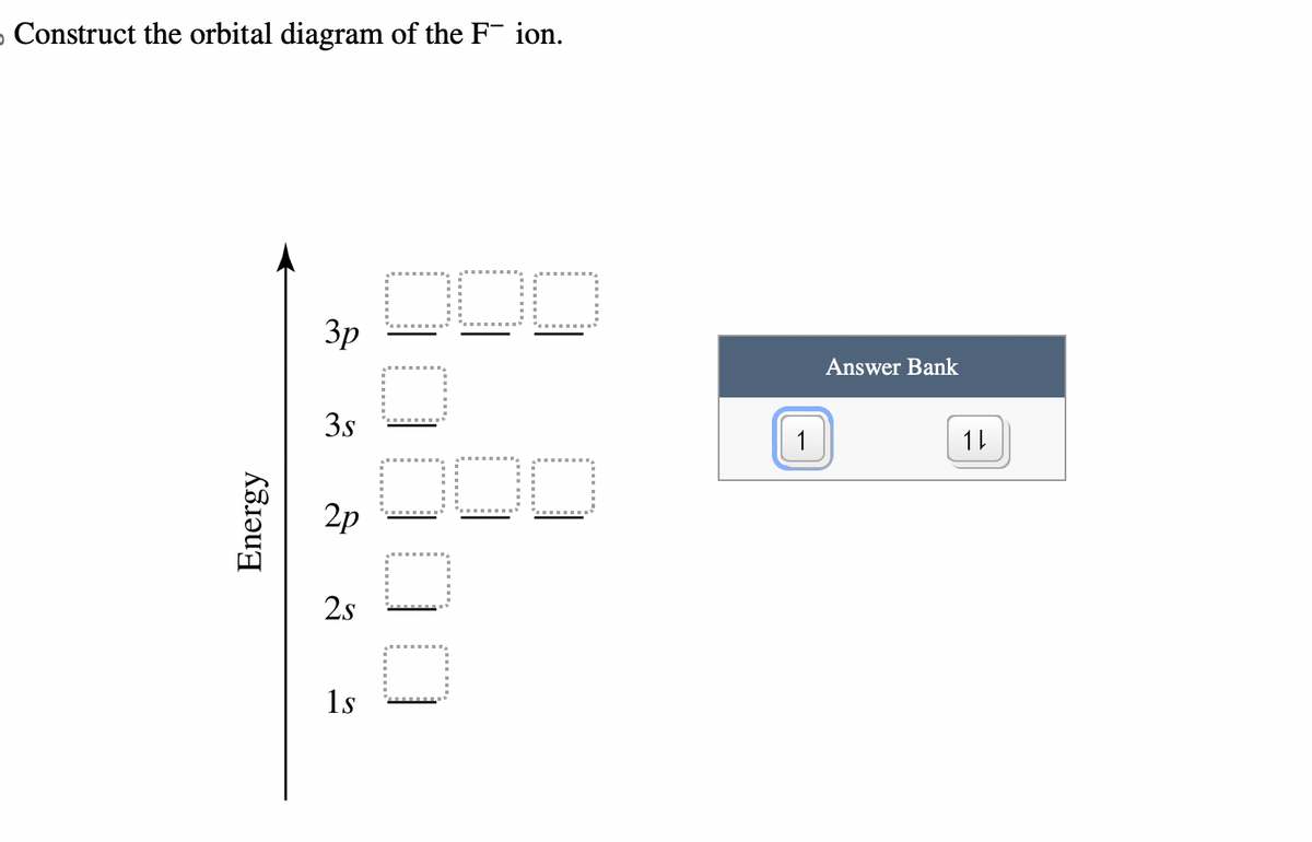 Construct the orbital diagram of the F¯ ion.
Energy
3p
3s
2p
2s
1s
ODD
O
OOO
□
1
Answer Bank
11