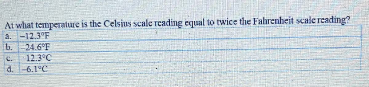 At what temperature is the Celsius scale reading equal to twice the Fahrenheit scale reading?
a. -12.3°F
b. -24.6°F
C. 12.3°C
d.-6.1°C
