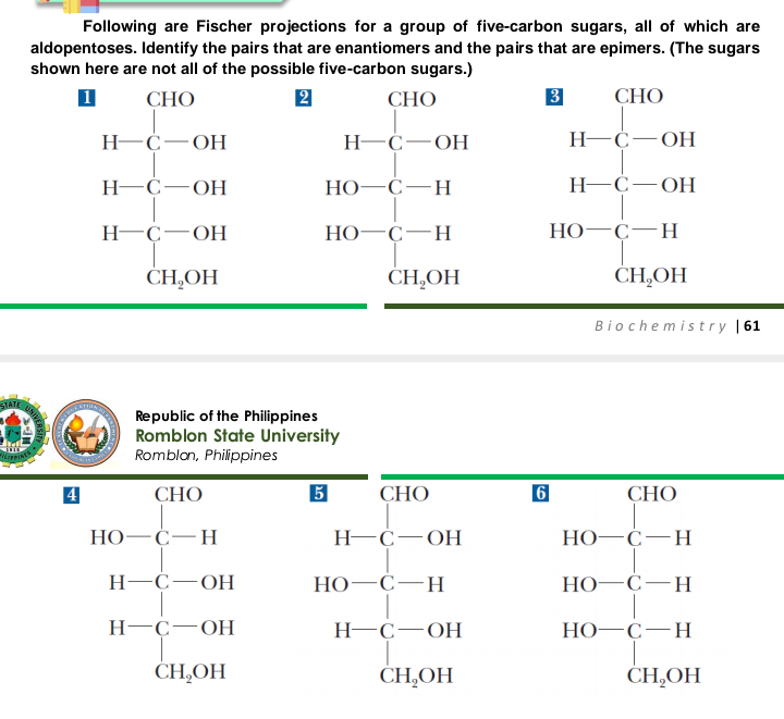 Following are Fischer projections for a group of five-carbon sugars, all of which are
aldopentoses. Identify the pairs that are enantiomers and the pairs that are epimers. (The sugars
shown here are not all of the possible five-carbon sugars.)
1
СНО
2
СНО
СНО
Н-С—ОН
Н-С—ОН
Н—С—ОН
Н-С—ОН
НО —С—Н
Н-С—ОН
Н- С—ОН
НО—С— Н
НО—С—Н
CH̟OH
CH̟OH
ČH̟OH
в iоchemistry |61
STATE
ATION
Republic of the Philippines
Romblon State University
Romblan, Philippines
4
СНО
5
СНО
6
СНО
НО—С—Н
Н-С—ОН
НО -С—Н
Н—С—ОН
НО -С—Н
НО -С—Н
H-C–OH
Н-С—ОН
НО—С—Н
CH,OH
ČH,OH
CH,OH
