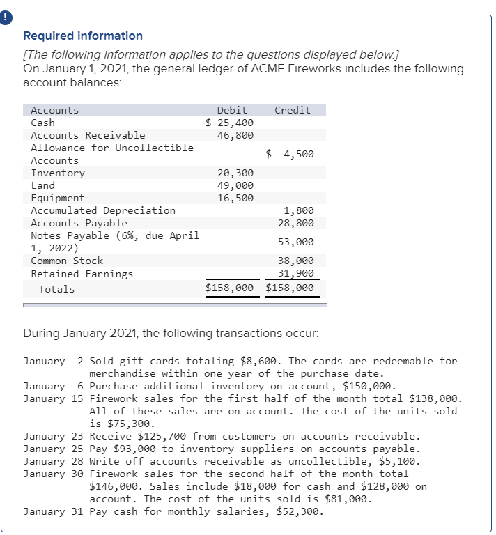 Required information
[The following information applies to the questions displayed below.]
On January 1, 2021, the general ledger of ACME Fireworks includes the following
account balances:
Accounts
Debit
Credit
$ 25,400
46,800
Cash
Accounts Receivable
Allowance for Uncollectible
$ 4,500
Accounts
20,300
49,000
16,500
Inventory
Land
Equipment
Accumulated Depreciation
Accounts Payable
Notes Payable (6%, due April
1, 2022)
Common Stock
1,800
28,800
53,000
38,000
Retained Earnings
31,900
$158,000 $158,000
Totals
During January 2021, the following transactions occur:
January 2 Sold gift cards totaling $8,600. The cards are redeemable for
merchandise within one year of the purchase date.
January 6 Purchase additional inventory on account, $150,000.
January 15 Firework sales for the first half of the month total $138,000.
All of these sales are on account. The cost of the units sold
is $75,300.
January 23 Receive $125,700 from customers on accounts receivable.
January 25 Pay $93,000 to inventory suppliers on accounts payable.
January 28 Write off accounts receivable as uncollectible, $5,100.
January 30 Firework sales for the second half of the month total
$146,000. Sales include $18,000 for cash and $128,000 on
account. The cost of the units sold is $81,000.
January 31 Pay cash for monthly salaries, $52,300.
