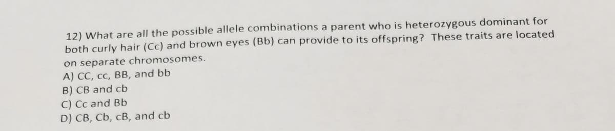 12) What are all the possible allele combinations a parent who is heterozygous dominant for
both curly hair (Cc) and brown eyes (Bb) can provide to its offspring? These traits are located
on separate chromosomes.
A) CC, cc, BB, and bb
B) CB and cb
C) Cc and Bb
D) CB, Cb, CB, and cb