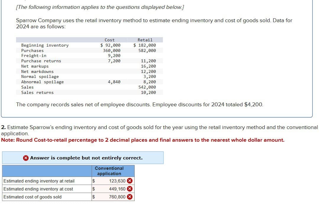 [The following information applies to the questions displayed below.]
Sparrow Company uses the retail inventory method to estimate ending inventory and cost of goods sold. Data for
2024 are as follows:
Beginning inventory
Purchases
Freight-in
Purchase returns
Net markups
Net markdowns
Normal spoilage
Abnormal spoilage
Sales
Sales returns
Cost
$ 92,000
Retail
$ 182,000
360,000
582,000
9,200
7,200
11,200
16,200
12,200
3,200
4,840
8,200
542,000
10,200
The company records sales net of employee discounts. Employee discounts for 2024 totaled $4,200.
2. Estimate Sparrow's ending inventory and cost of goods sold for the year using the retail inventory method and the conventional
application.
Note: Round Cost-to-retail percentage to 2 decimal places and final answers to the nearest whole dollar amount.
Answer is complete but not entirely correct.
Conventional
application
Estimated ending inventory at retail
$
123,630 ×
Estimated ending inventory at cost
$
449,160 x
Estimated cost of goods sold
$
760,800 ×