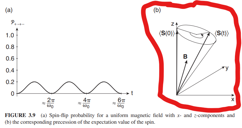 (a)
P
+→→
1.0
0.8
0.6
0.4
0.2
0
2T
wo
4T
@o
6T
wo
(b)
ZA
(S(0))
B
(S(t))
y
X
FIGURE 3.9 (a) Spin-flip probability for a uniform magnetic field with x- and z-components and
(b) the corresponding precession of the expectation value of the spin.
