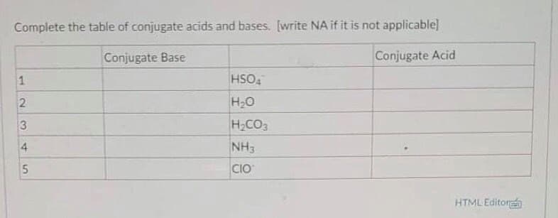 Complete the table of conjugate acids and bases. [write NA if it is not applicable]
Conjugate Base
Conjugate Acid
HSO,
H2O
H2CO3
NH3
5
CIO
HTML Editor
