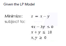 Given the LP Model
Minimize:
2 — х — у
subject to:
4x – 3y s0
x +y s 10
x,y 2 0
