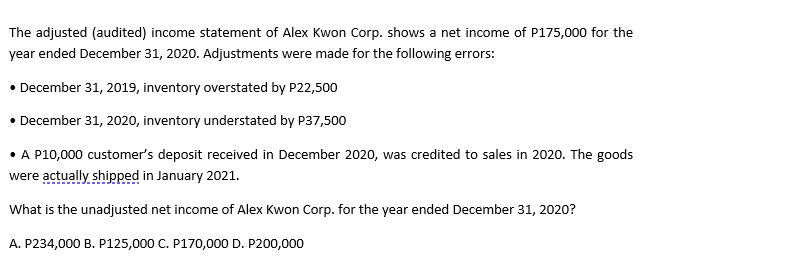 The adjusted (audited) income statement of Alex Kwon Corp. shows a net income of P175,000 for the
year ended December 31, 2020. Adjustments were made for the following errors:
• December 31, 2019, inventory overstated by P22,500
• December 31, 2020, inventory understated by P37,500
• A P10,000 customer's deposit received in December 2020, was credited to sales in 2020. The goods
were actually shipped in January 2021.
What is the unadjusted net income of Alex Kwon Corp. for the year ended December 31, 2020?
A. P234,000 B. P125,000 C. P170,000 D. P200,000
