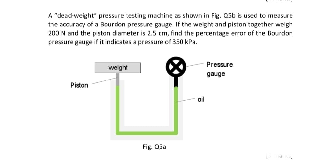 A "dead-weight" pressure testing machine as shown in Fig. Q5b is used to measure
the accuracy of a Bourdon pressure gauge. If the weight and piston together weigh
200 N and the piston diameter is 2.5 cm, find the percentage error of the Bourdon
pressure gauge if it indicates a pressure of 350 kPa.
Piston
weight
Fig. Q5a
oil
Pressure
gauge
[3 marks]