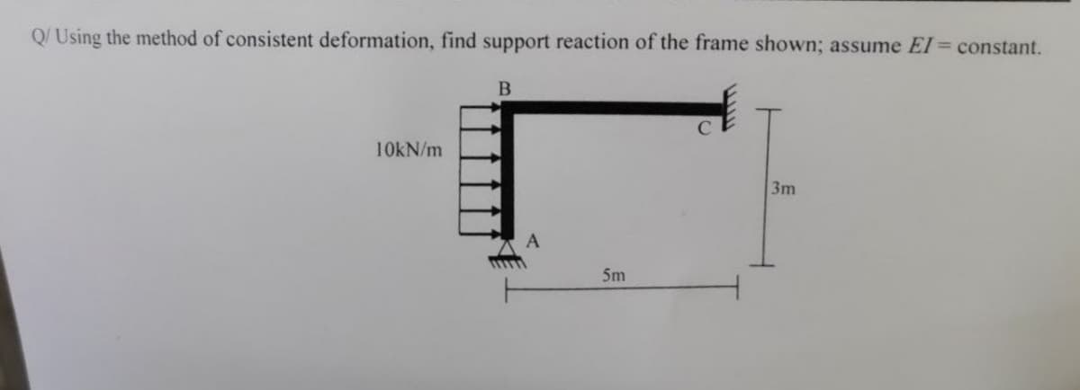 Q/Using the method of consistent deformation, find support reaction of the frame shown; assume EI= constant.
10kN/m
B
A
5m
C
3m