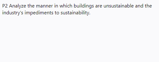 P2 Analyze the manner in which buildings are unsustainable and the
industry's impediments to sustainability.
