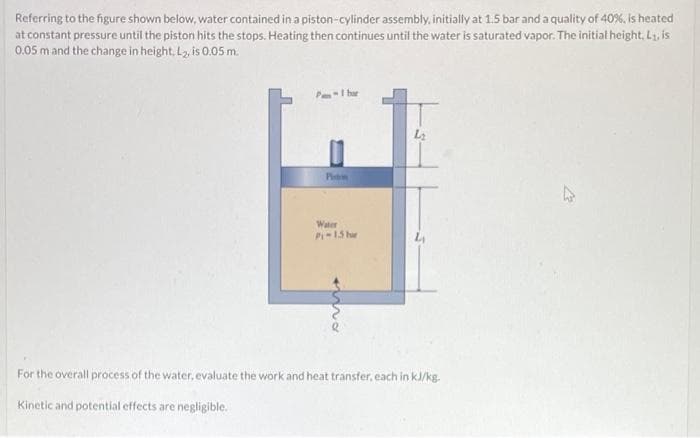 Referring to the figure shown below, water contained in a piston-cylinder assembly, initially at 1.5 bar and a quality of 40%, is heated
at constant pressure until the piston hits the stops. Heating then continues until the water is saturated vapor. The initial height, L₁, is
0.05 m and the change in height, L₂, is 0.05 m.
P
Pom
Water
P-1.5 for
For the overall process of the water, evaluate the work and heat transfer, each in kJ/kg.
Kinetic and potential effects are negligible.
47