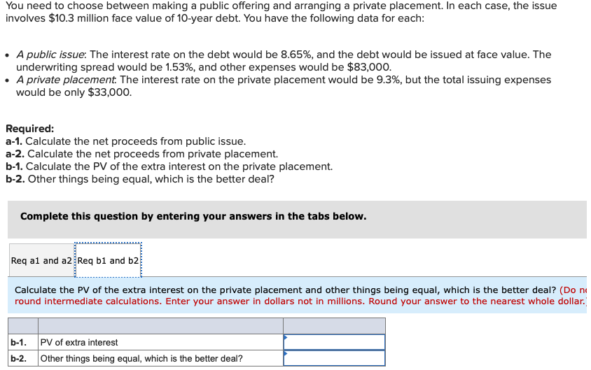 You need to choose between making a public offering and arranging a private placement. In each case, the issue
involves $10.3 million face value of 10-year debt. You have the following data for each:
• A public issue: The interest rate on the debt would be 8.65%, and the debt would be issued at face value. The
underwriting spread would be 1.53%, and other expenses would be $83,000.
• A private placement. The interest rate on the private placement would be 9.3%, but the total issuing expenses
would be only $33,000.
Required:
a-1. Calculate the net proceeds from public issue.
a-2. Calculate the net proceeds from private placement.
b-1. Calculate the PV of the extra interest on the private placement.
b-2. Other things being equal, which is the better deal?
Complete this question by entering your answers in the tabs below.
Req al and a2 Req b1 and b2
Calculate the PV of the extra interest on the private placement and other things being equal, which is the better deal? (Do ne
round intermediate calculations. Enter your answer in dollars not in millions. Round your answer to the nearest whole dollar.
PV of extra interest
Other things being equal, which is the better deal?
b-1.
b-2.
