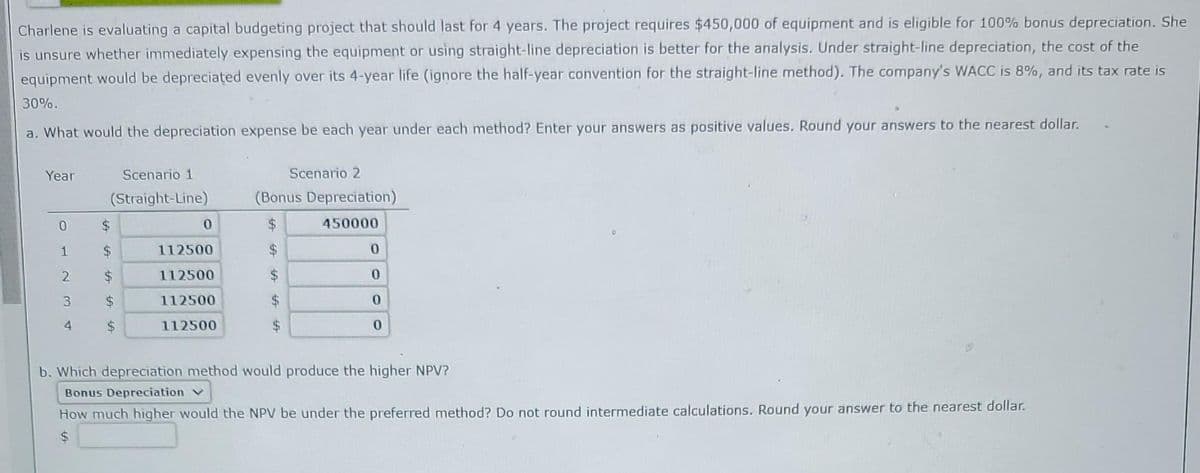 Charlene is evaluating a capital budgeting project that should last for 4 years. The project requires $450,000 of equipment and is eligible for 100% bonus depreciation. She
is unsure whether immediately expensing the equipment or using straight-line depreciation is better for the analysis. Under straight-line depreciation, the cost of the
equipment would be depreciated evenly over its 4-year life (ignore the half-year convention for the straight-line method). The company's WACC is 8%, and its tax rate is
30%.
a. What would the depreciation expense be each year under each method? Enter your answers as positive values. Round your answers to the nearest dollar.
Year
0
1
2
3
4
ft
Scenario 1
(Straight-Line)
$
$
$
$
$
0
112500
112500
112500
112500
Scenario 2
(Bonus Depreciation)
$
450000
$
$
0
0
0
0
b. Which depreciation method would produce the higher NPV?
Bonus Depreciation V
How much higher would the NPV be under the preferred method? Do not round intermediate calculations. Round your answer to the nearest dollar.
$