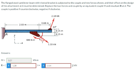 The
flanged steel cantilever beam with riveted bracket is subjected to the couple and two forces shown, and their effect on the design
of the attachment at A must be determined. Replace the two forces and couple by an equivalent couple M and resultant Rat A. The
couple is positive if counterclockwise, negative if clockwise.
A
Answers:
M= 327
R=(i 1.28
2.03 m
680 N-m
kN-m
i+
0.68 m
2.18 KN
1.33 KN
2.14
0.15 m
0.15 m
JkN